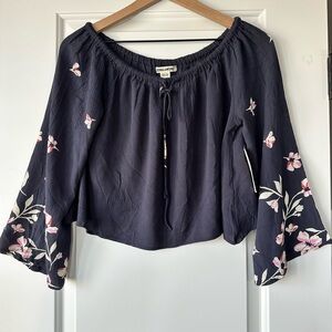 Billabong Navy Off-Shoulder Floral Tie-Front Blouse